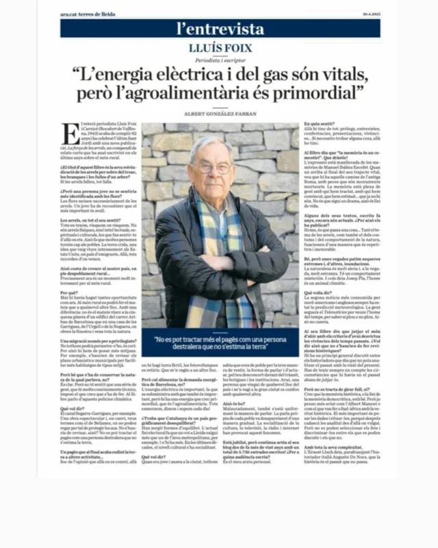 Entrevista d’Albert González Farran al diari ARA publicada el 30 d’abril de 2025. Es va fer a Rocafort de Vallbona el dia de Pasqua. Gràcies, Albert.